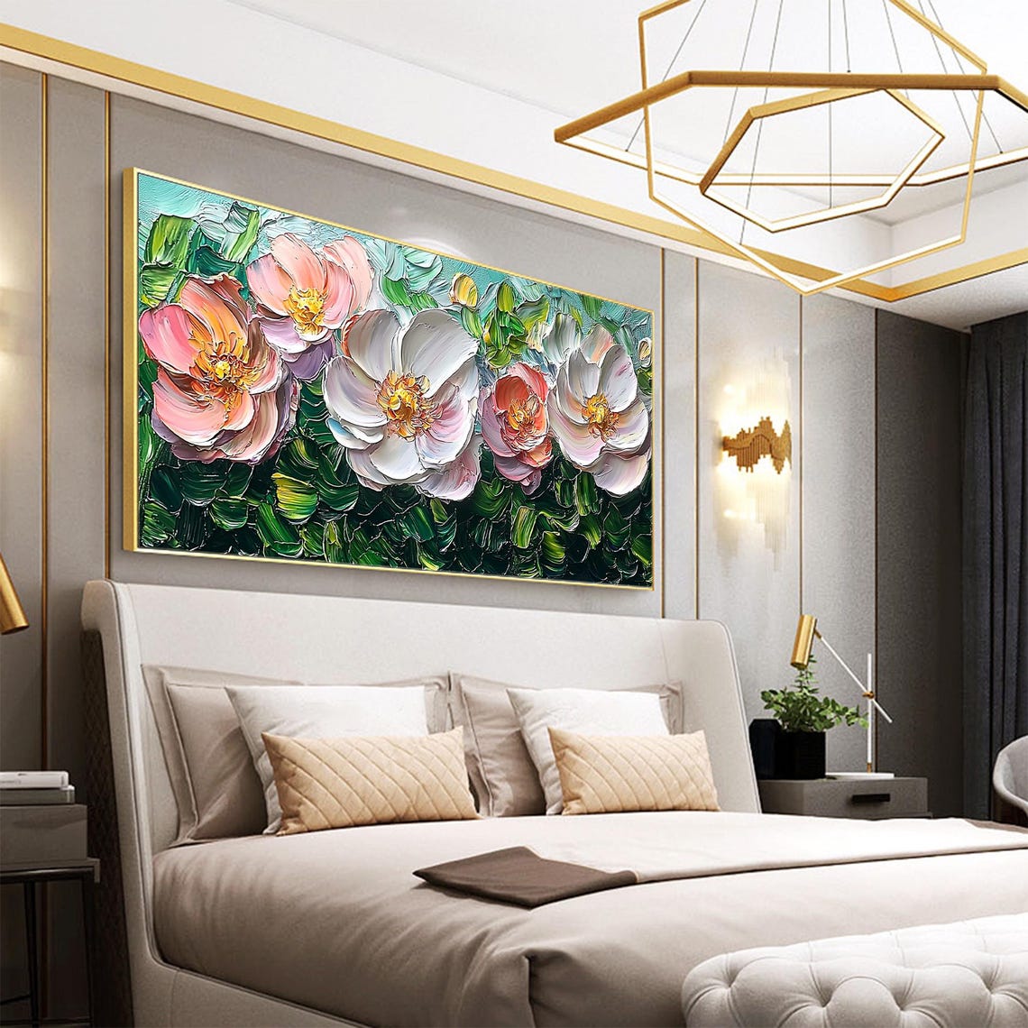 Soft White Pink Peony Flowers with Golden Centers Floral Wall Art - Image 3