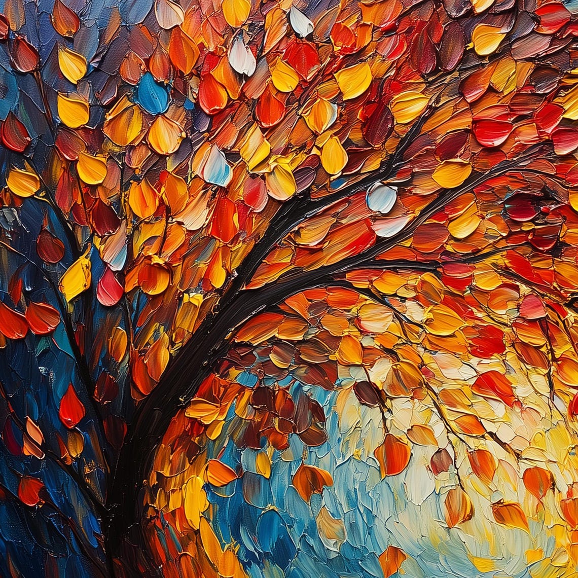 Swirling Autumn Tree Spiral of Red Orange Leaves on Blue Wall Art - Image 3