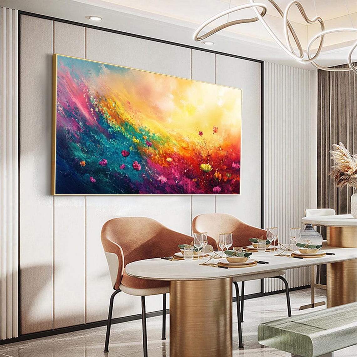 Rainbow Abstract Flower Meadow In Pink Teal And Gold Tones Poster - Image 2