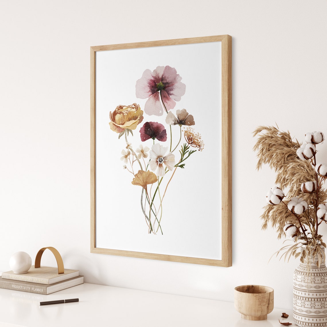 Dried Wildflowers Bouquet Watercolor Muted Fall Floral Print - Image 3