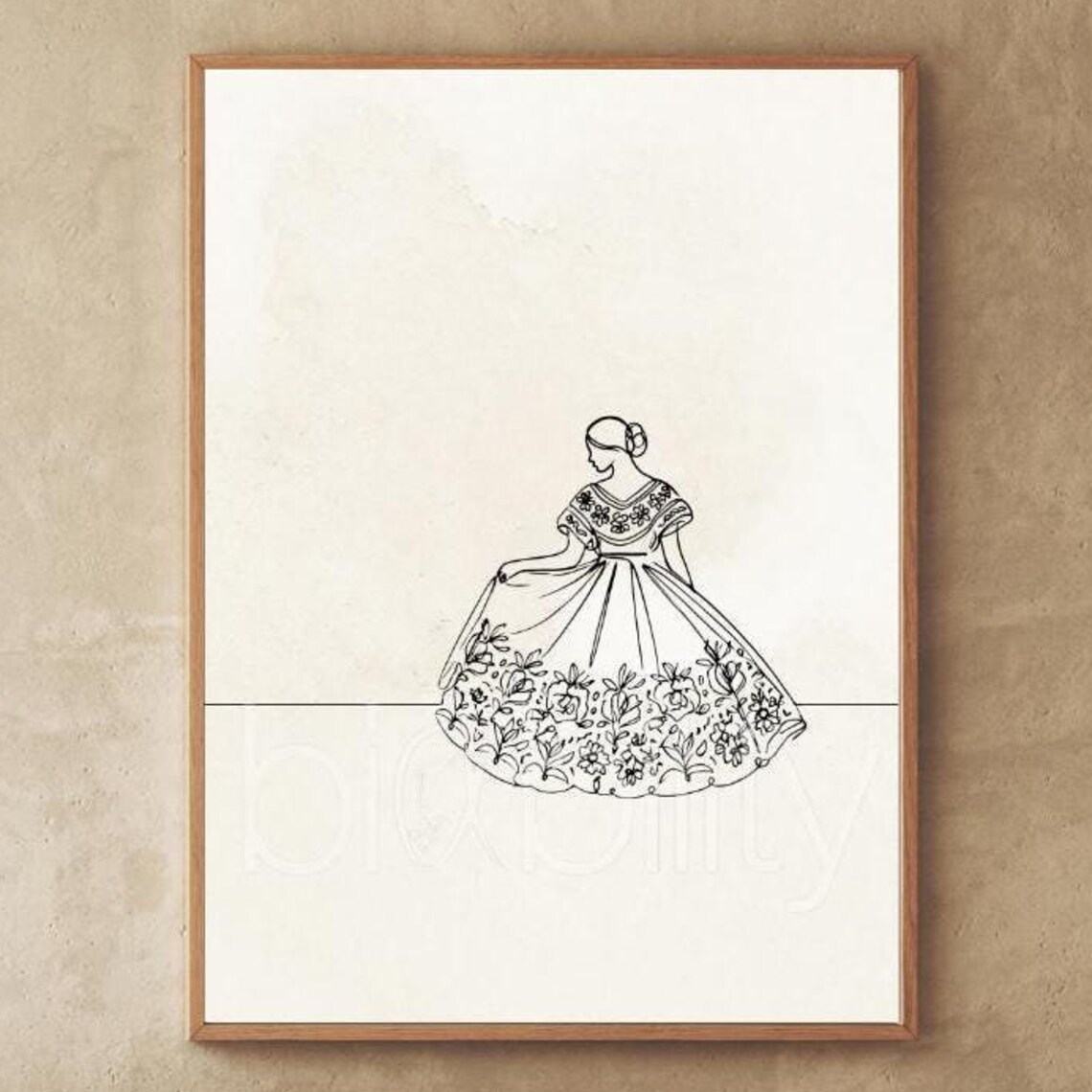 Mexican Embroidered Dress Woman Continuous Line Drawing Fashion Poster