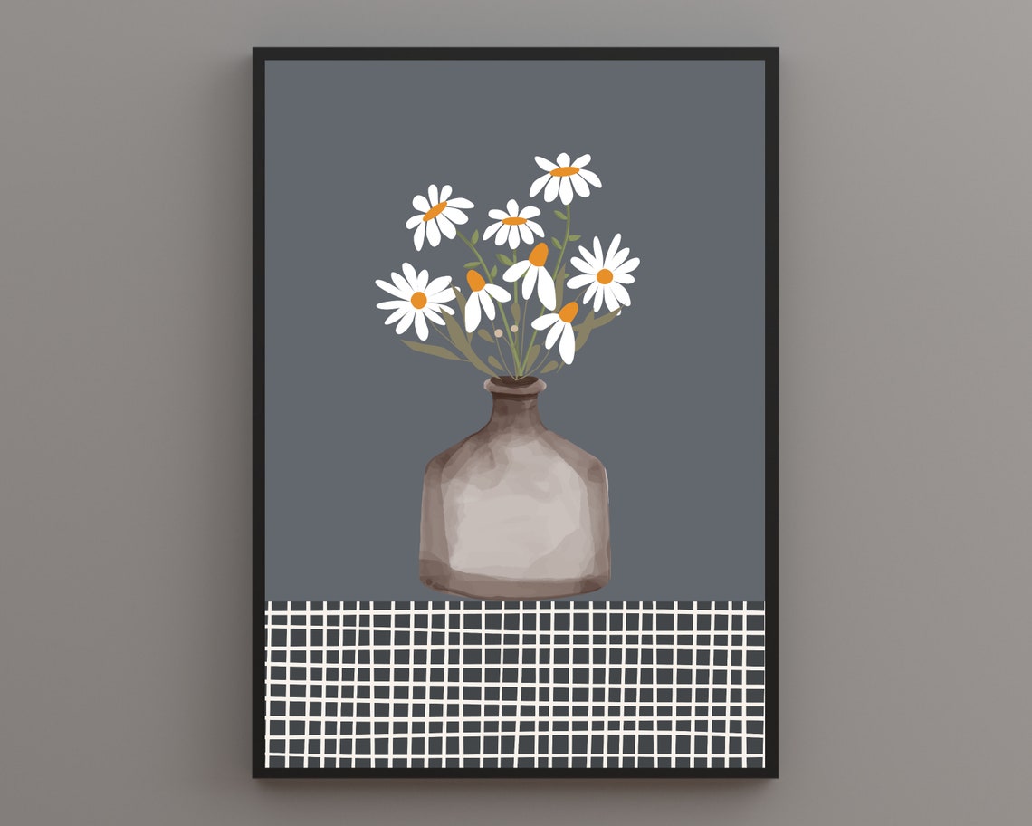 Wild Daisies In A Grey Glass Vase On A Grid Tablecloth Poster