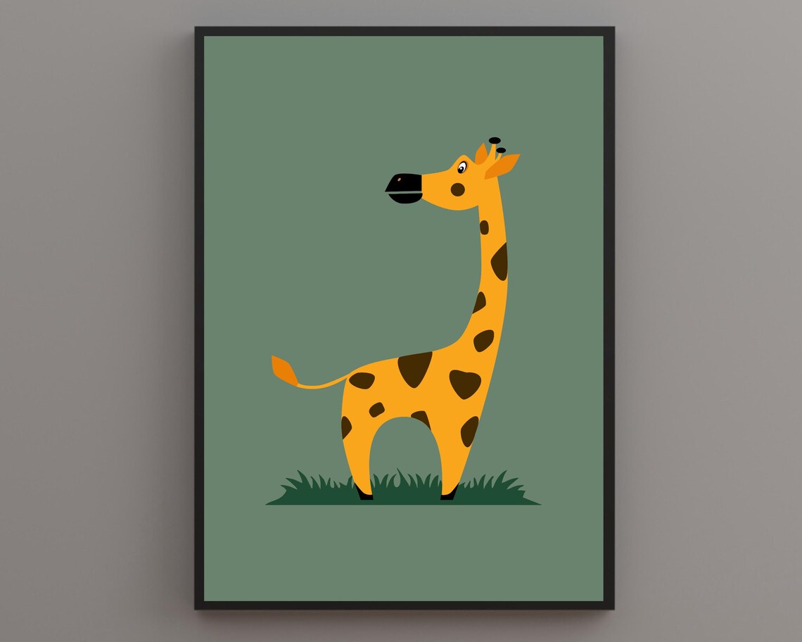 Friendly Tall Cartoon Giraffe on a Soft Sage Green Background Poster