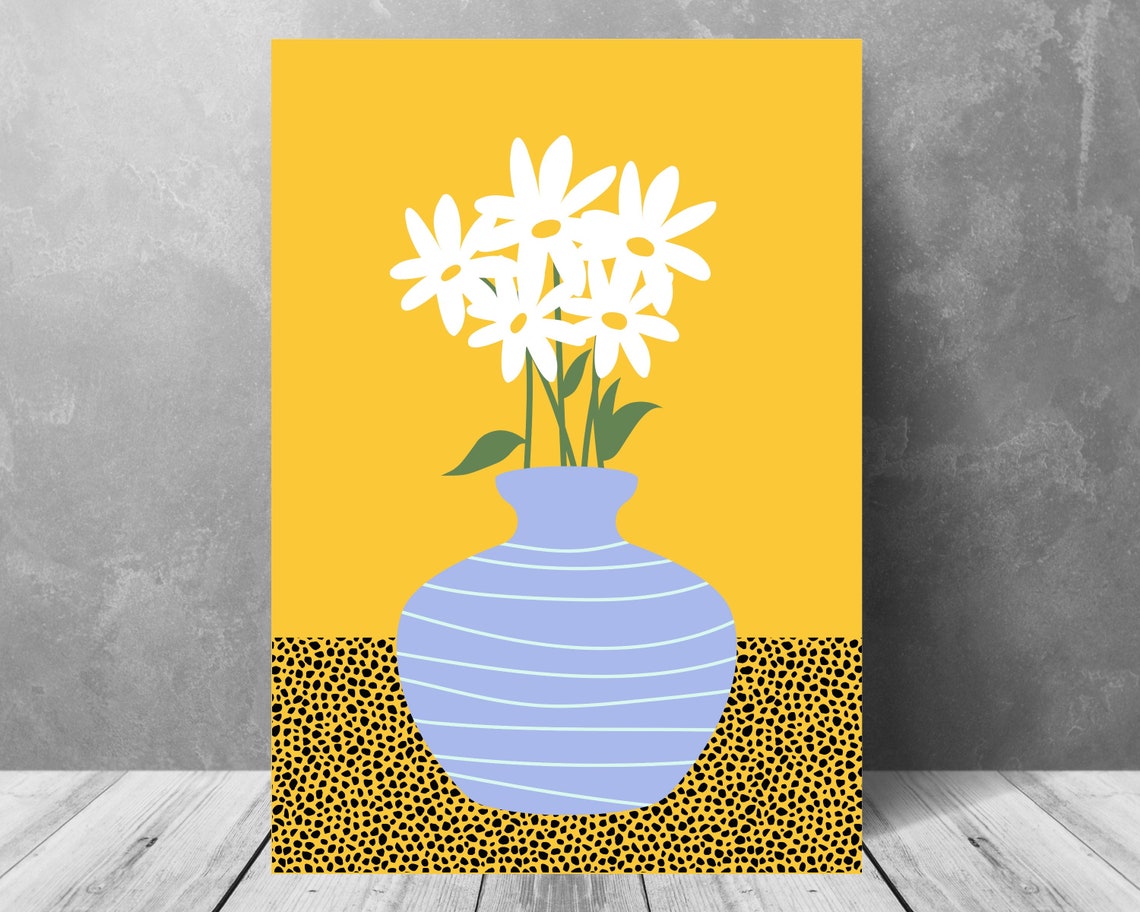 White Daisies In Blue Striped Vase Bright Mustard Yellow Poster - Image 3