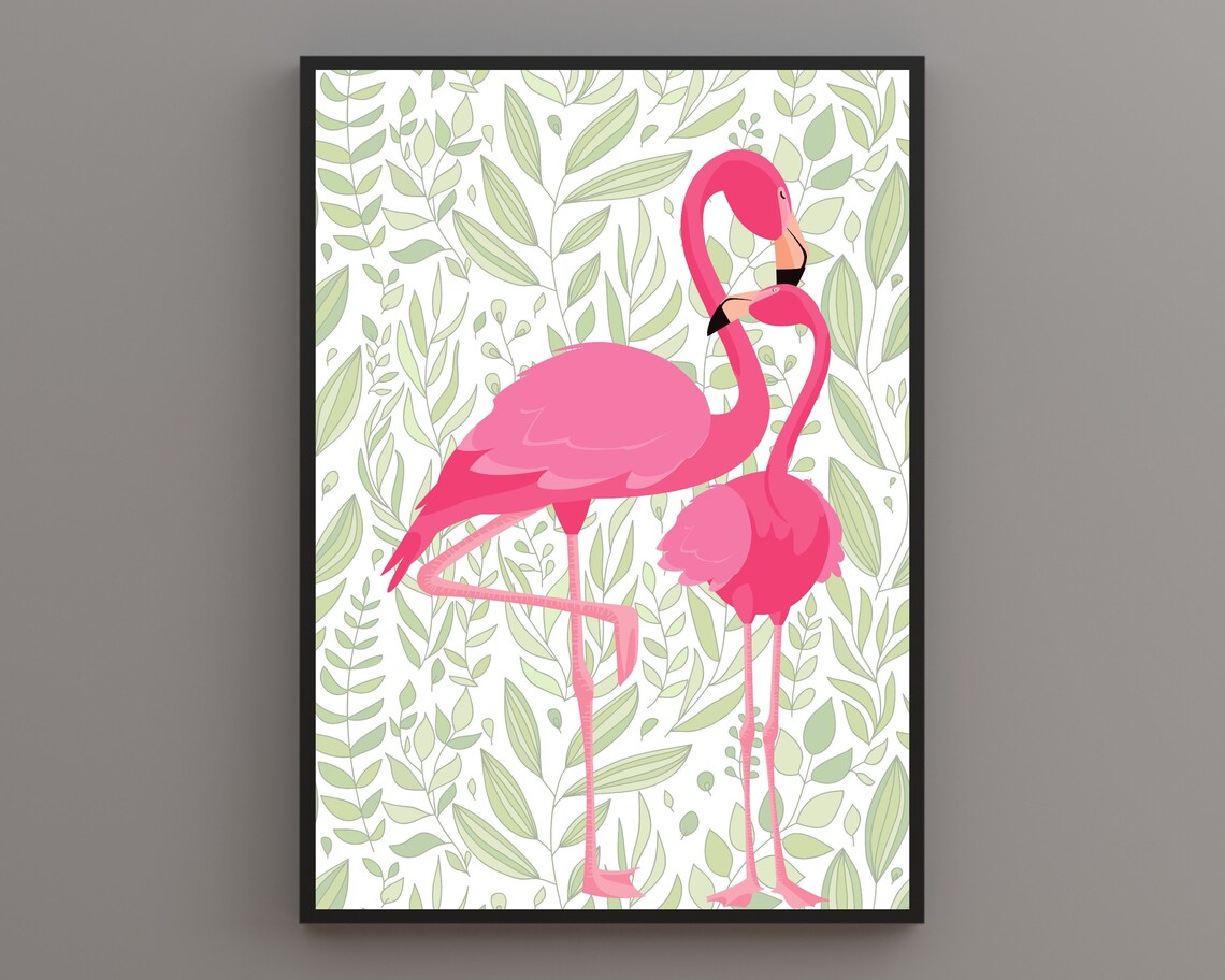 Flamingos On A Leafy Background Boho Bird Art Print