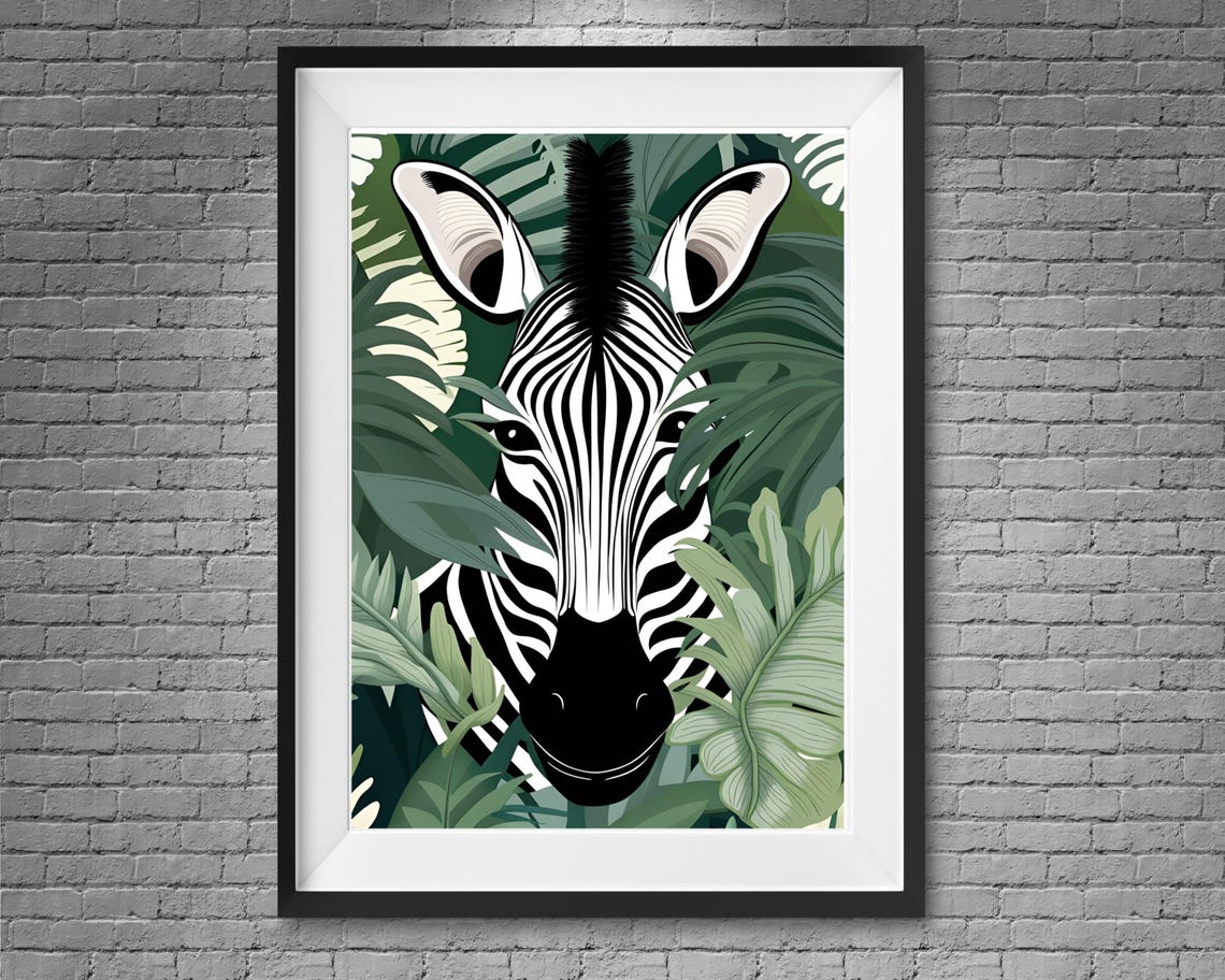 Zebra Face Peeking Through Green Jungle Leaves Animal Poster - Image 2