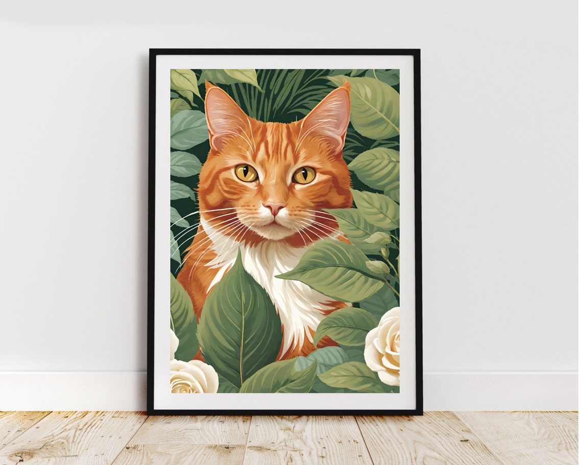 Ginger Cat With Golden Eyes Among Leaves and White Roses Poster - Image 3
