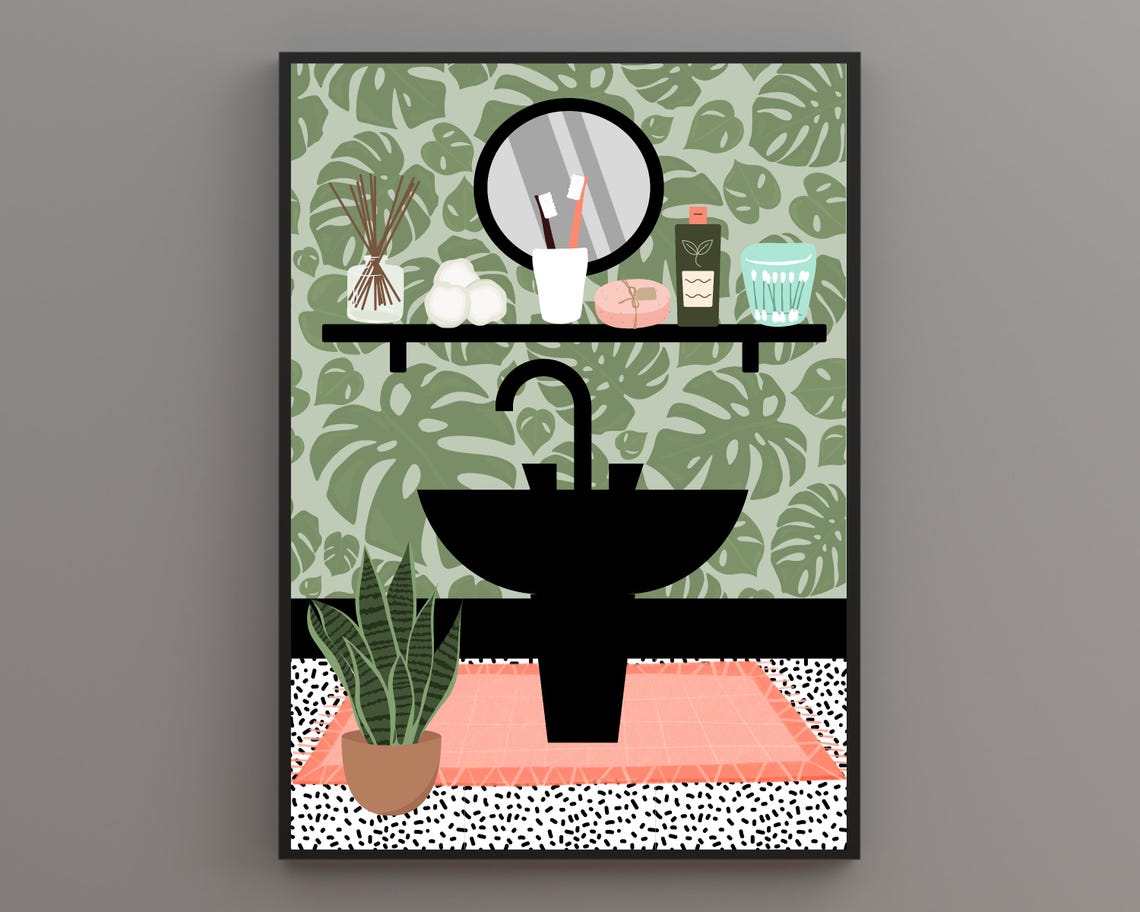 Black Bathroom Sink With Monstera Wallpaper And Plants Print