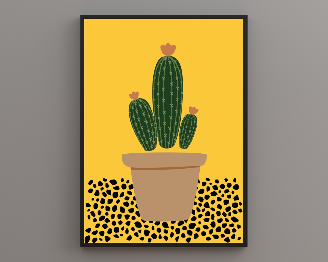 Potted Cactus Trio Terracotta Pot Mustard Yellow Spotted Ground Poster