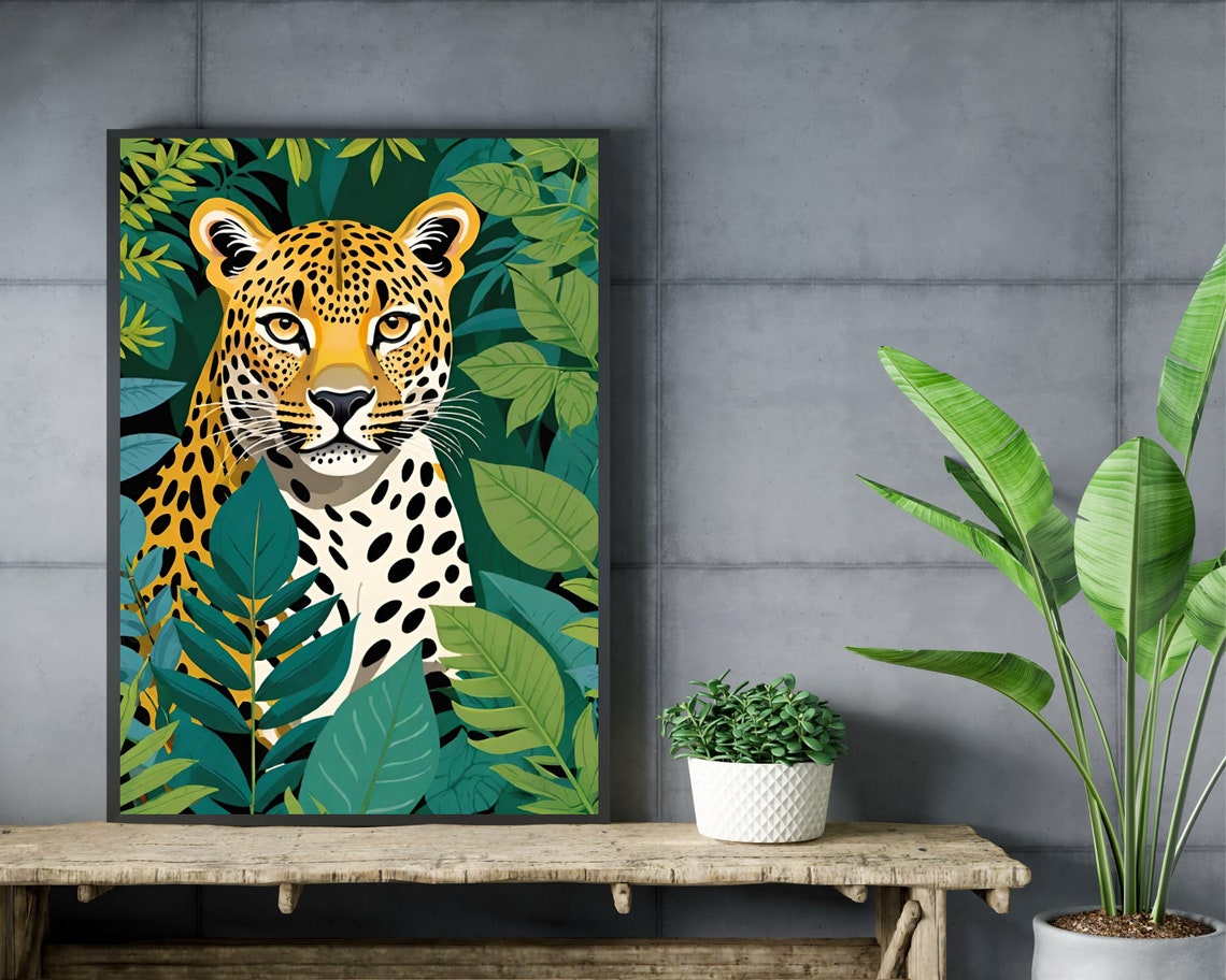 Bold Leopard Staring Through Dense Tropical Jungle Leaves Poster - Image 3