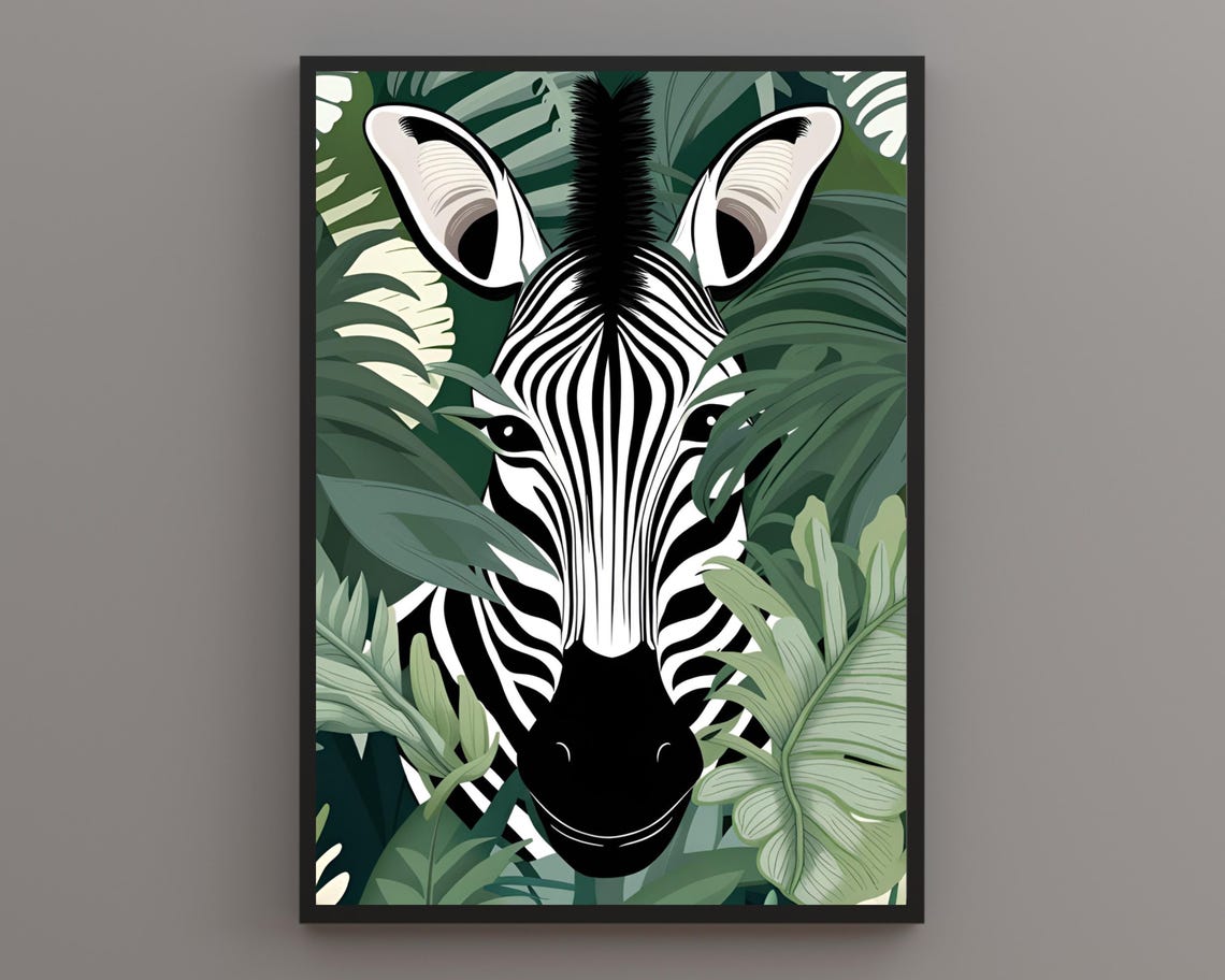 Zebra Face Peeking Through Green Jungle Leaves Animal Poster