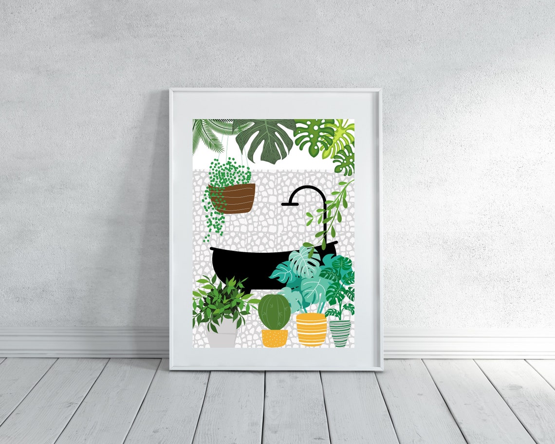 Black Bathtub Surrounded By Lush Potted Houseplants Art Poster - Image 3