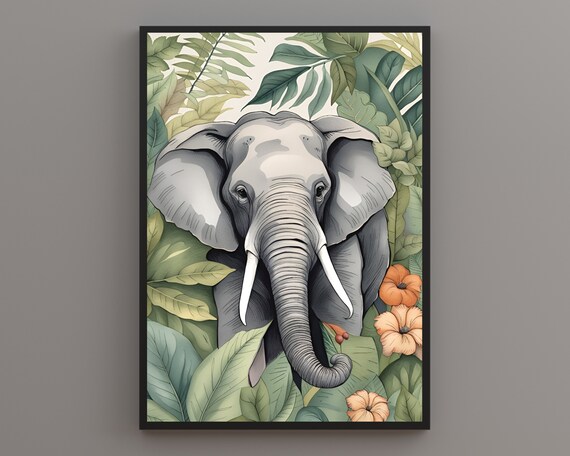 Wise Gentle Elephant Emerging from Dense Jungle Foliage Poster