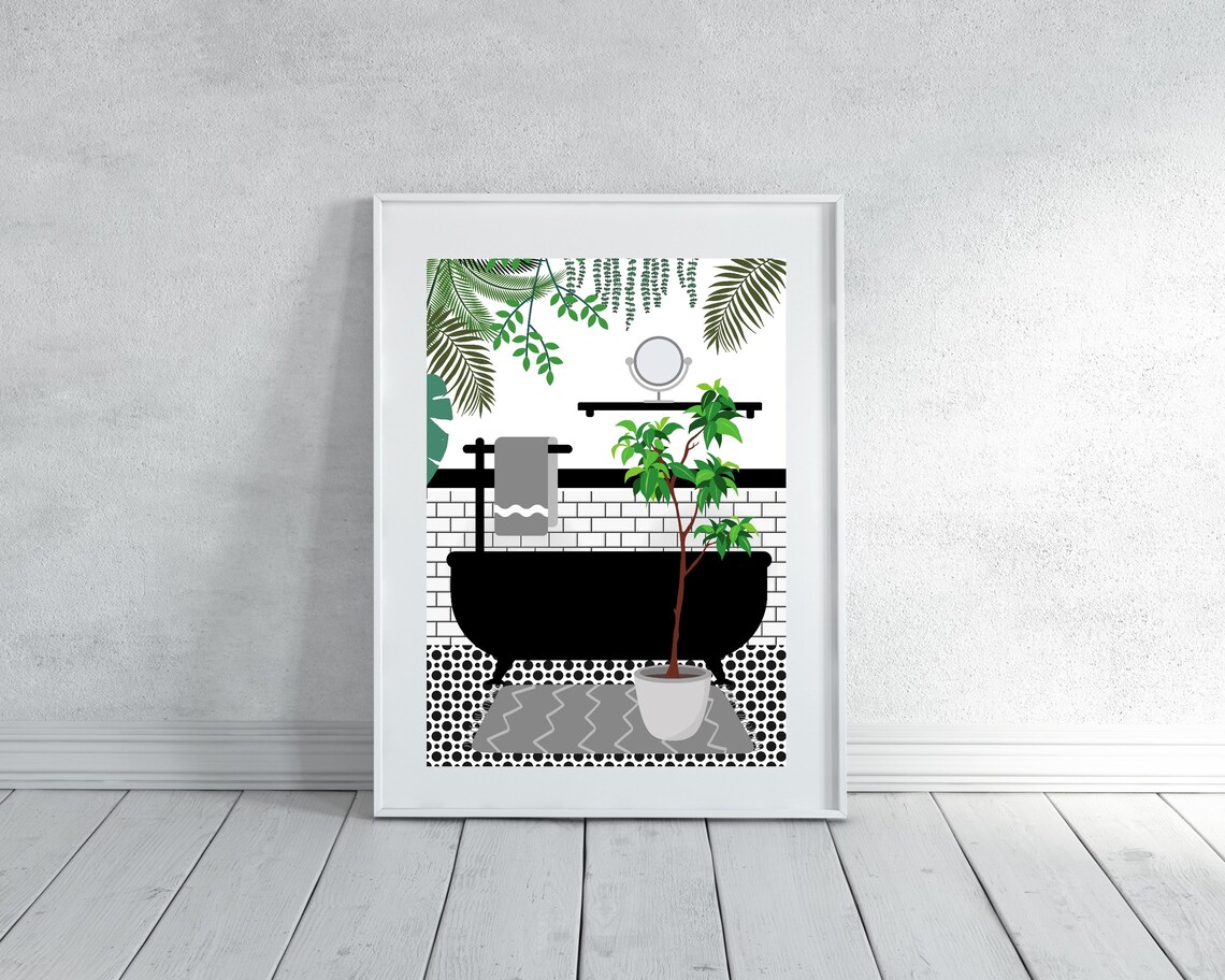 Grey Bathroom Botanical Print, Tiled Walls and Plants - Image 3