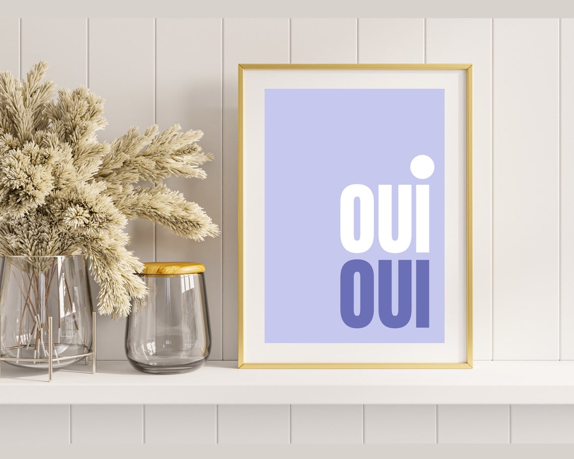 Oui Oui French Typography Poster In White And Blue On A Lilac Wall - Image 3