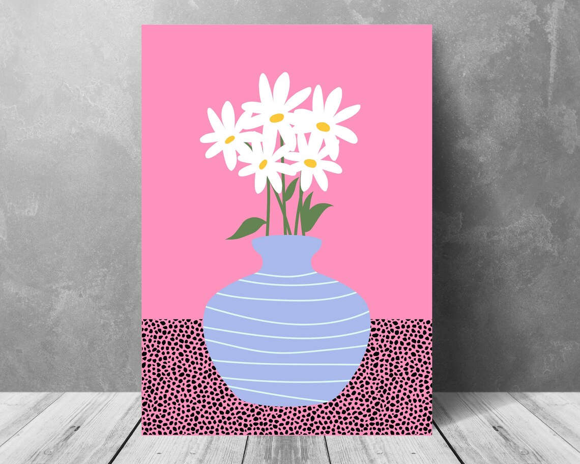 White Daisies In Blue Striped Vase Bold Hot Pink Botanical Poster - Image 3