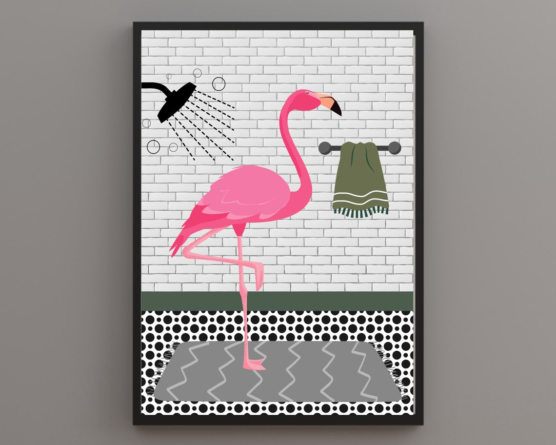Flamingo In The Shower Flamingo In The Bathroom Print Animal In Bathroom White Bathroom Print Wild Animal In Shower Funny Animal Print