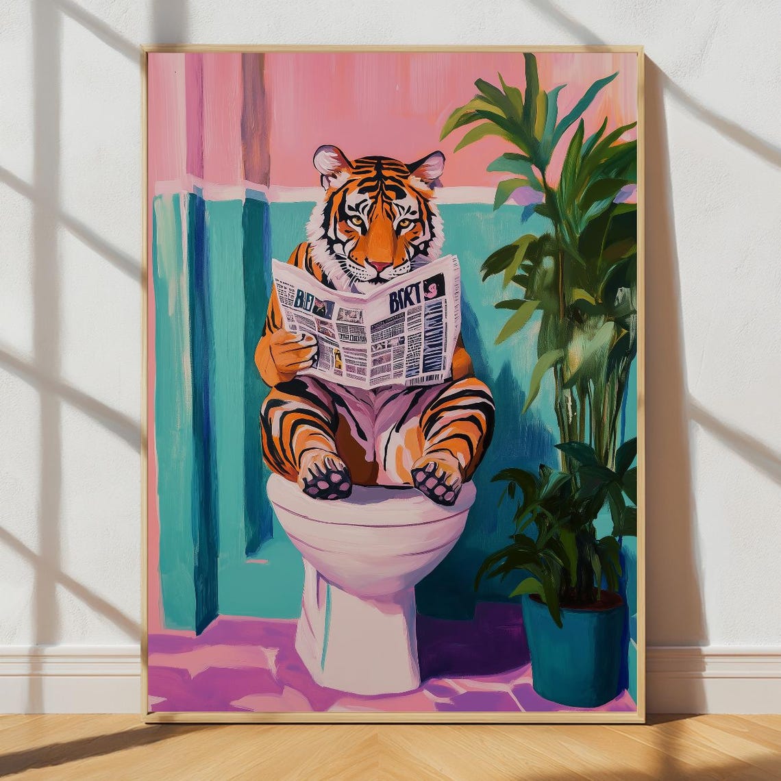 Tiger Reading Newspaper on Toilet Funny Bathroom Wall Poster
