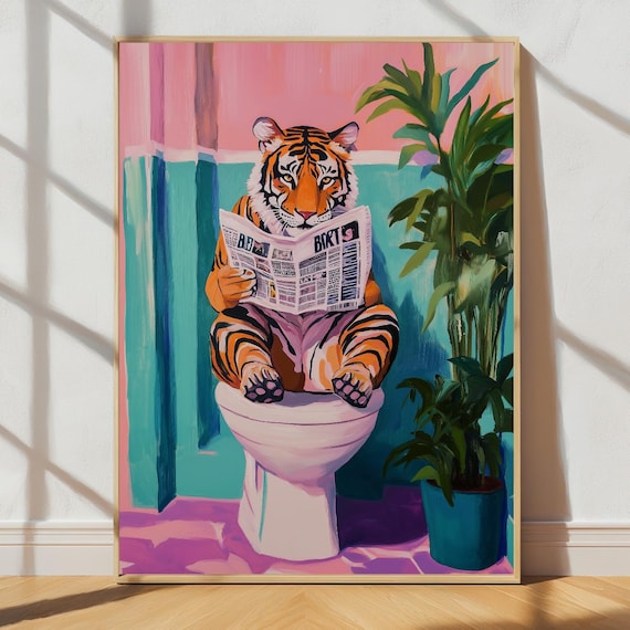 Tiger Poster Maximalist Bathroom Wall Art Trendy Toilet Decor Dopamine Pink Kitsch Preppy Print