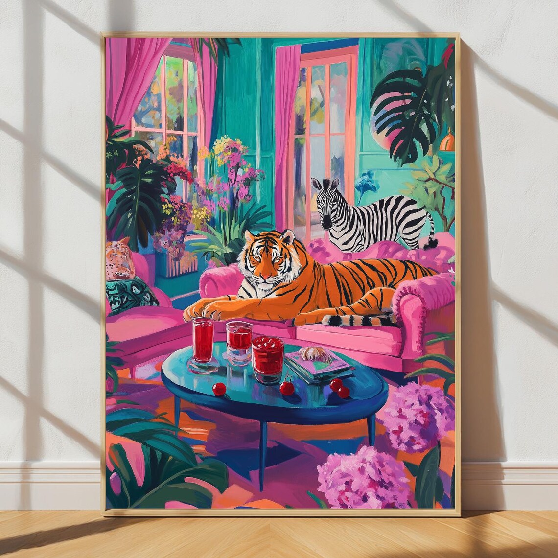 Tiger And Zebra Pink Living Room Maximalist Funky Party Art Poster