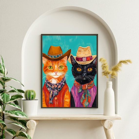 Cowboy Cats In Hats Poster Funny Orange And Black Cat Western Animal Wall Decor