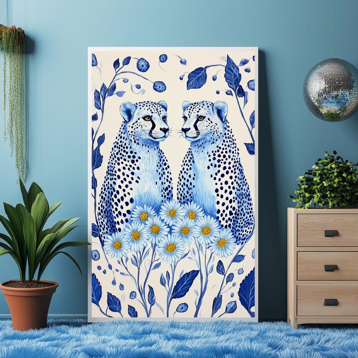 Blue Cheetah Wall Art Poster Print Illustration Safari Decor