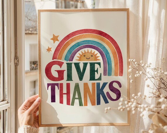 Give Thanks Rainbow Sun Watercolor Thanksgiving Fall Art Poster