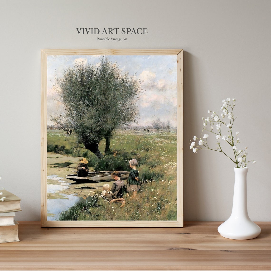 Afternoon Along the River Boatman Children Peaceful Vintage Print - Image 2