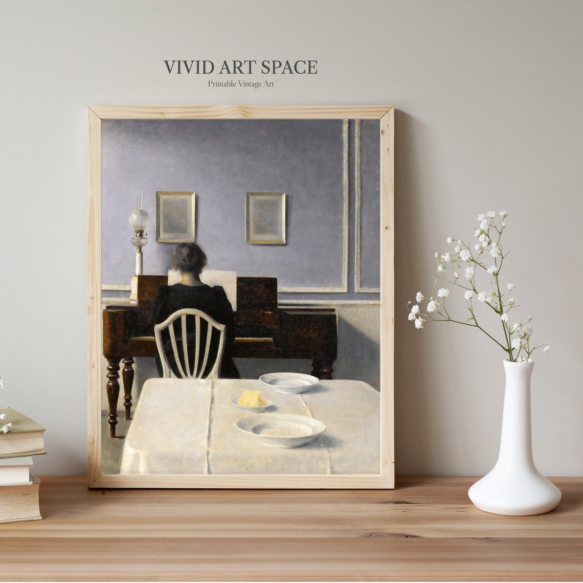 Woman Playing Piano in a Quiet Moody Blue Room Interior Poster - Image 2