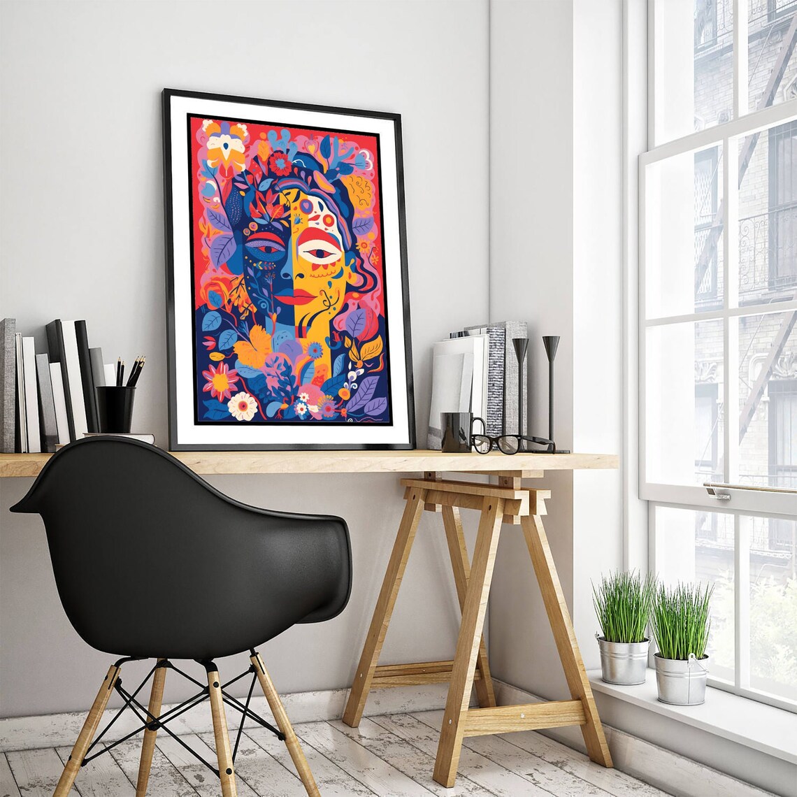 Day of the Dead Style Flower Woman Face Bold Colorful Folk Art Poster - Image 3