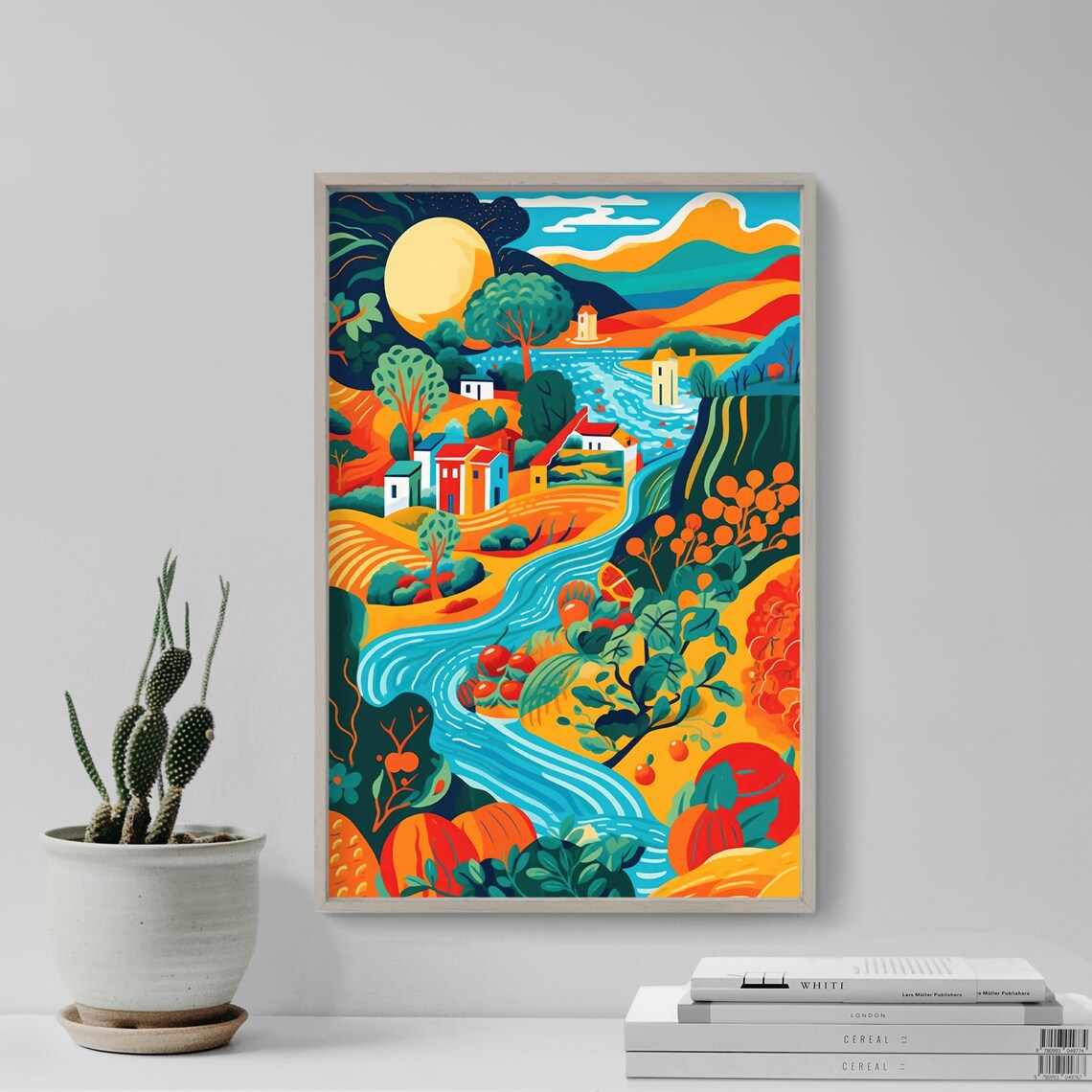 Colorful Italy Countryside Village River Sun Folk Landscape Poster