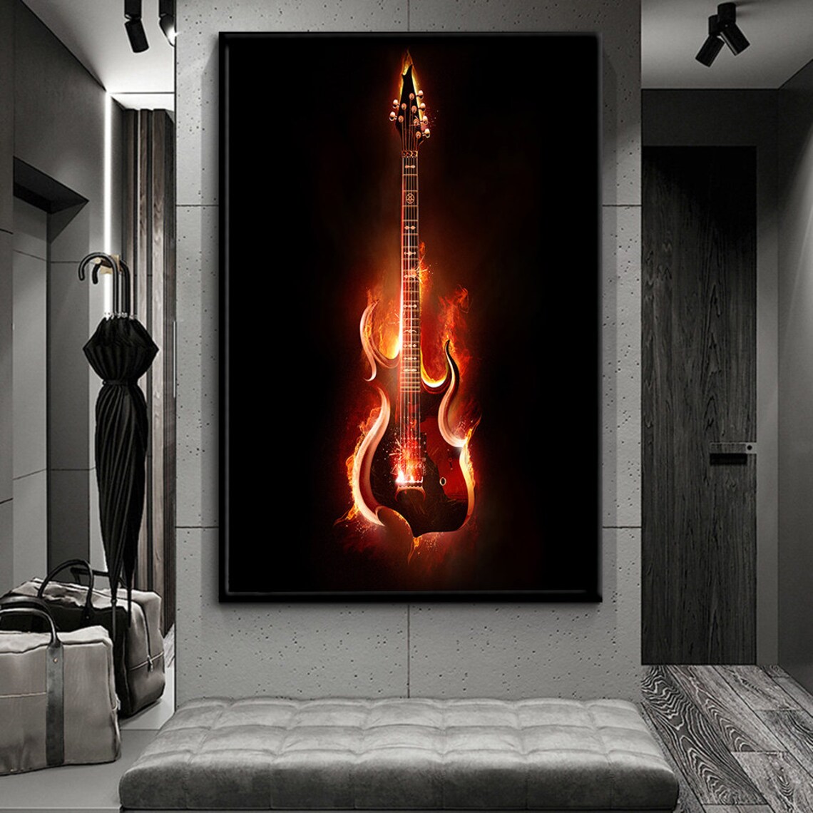 Flaming Electric Guitar Fire Rock Music Energy Wall Art Poster - Image 3