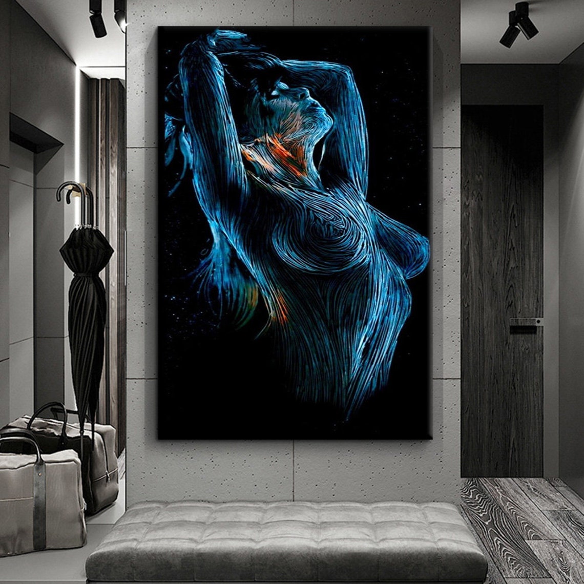 Blue Neon Linear Nude Woman Figure Abstract Modern Art Poster - Image 4