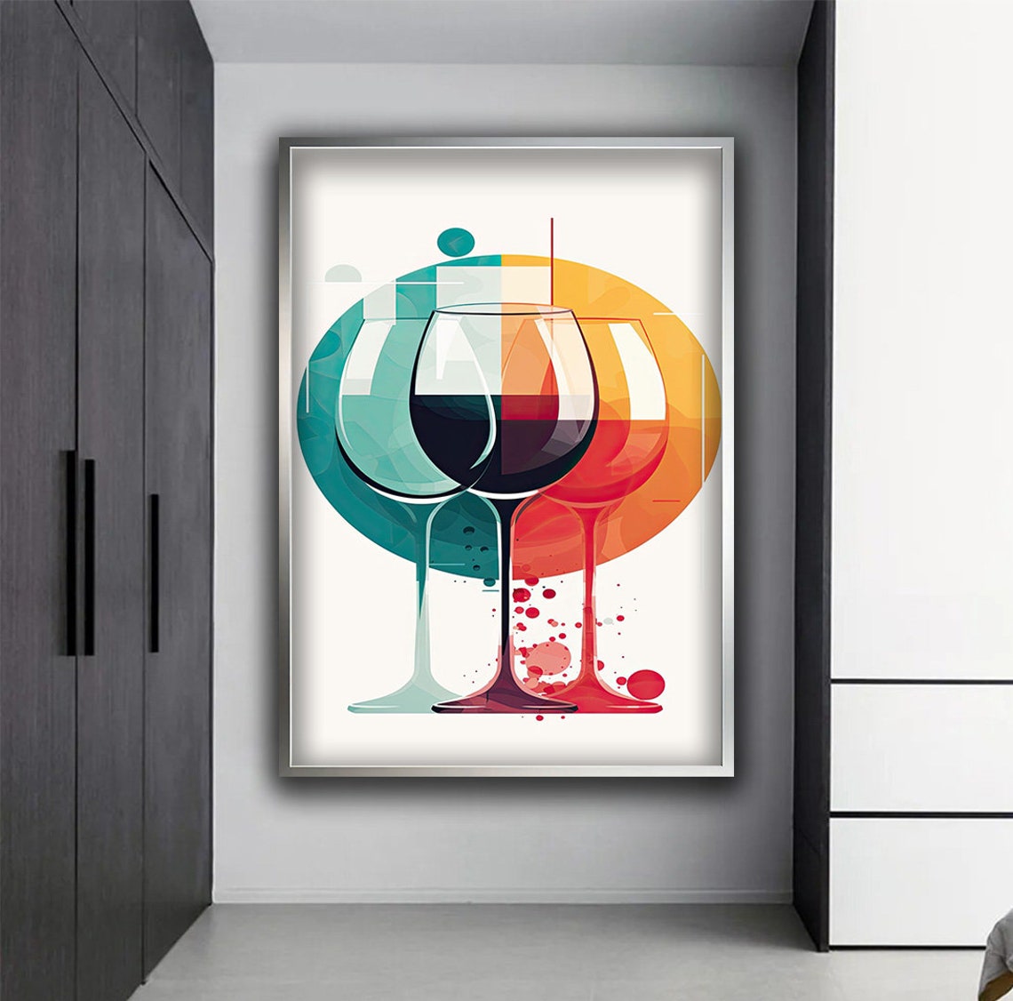Abstract Wine Glasses Teal Orange Modern Kitchen Decor Art Poster - Image 2