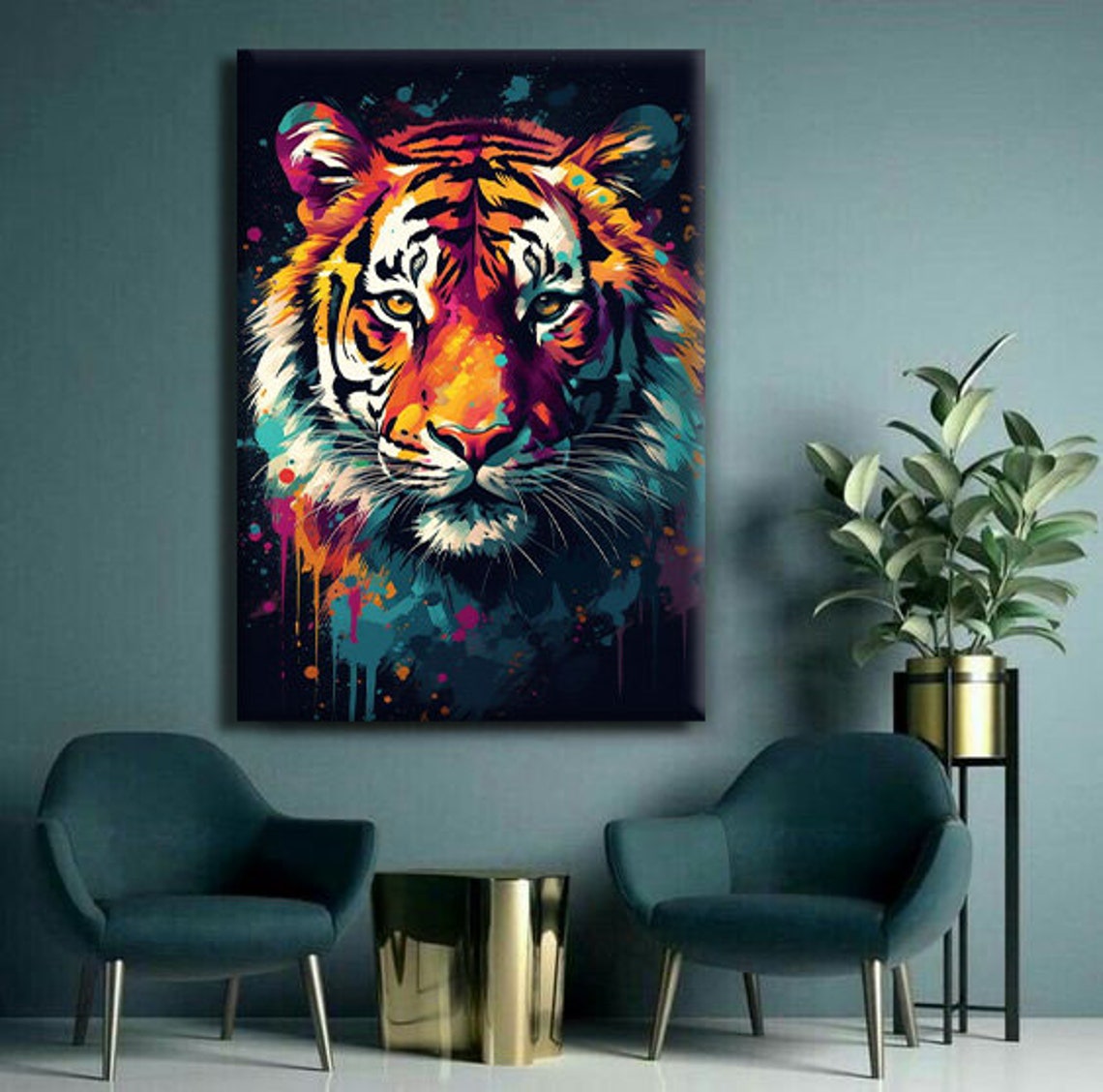 Colorful Pop Art Tiger Portrait Neon Paint Splash Wildlife Wall Poster - Image 2