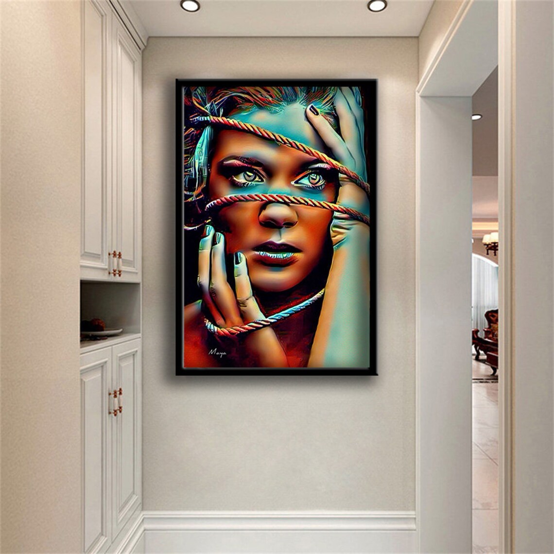 Rope Bound Woman Portrait Captive Colorful Stylized Modern Art Painting Poster - Image 3