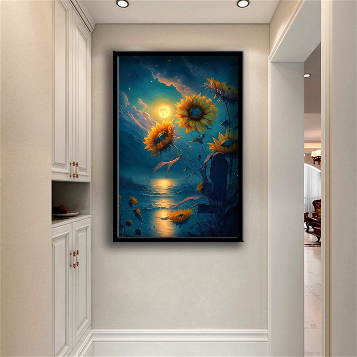 Sunflowers Under Full Moon Night Blue Gold Fantasy Floral Dream Poster - Image 2