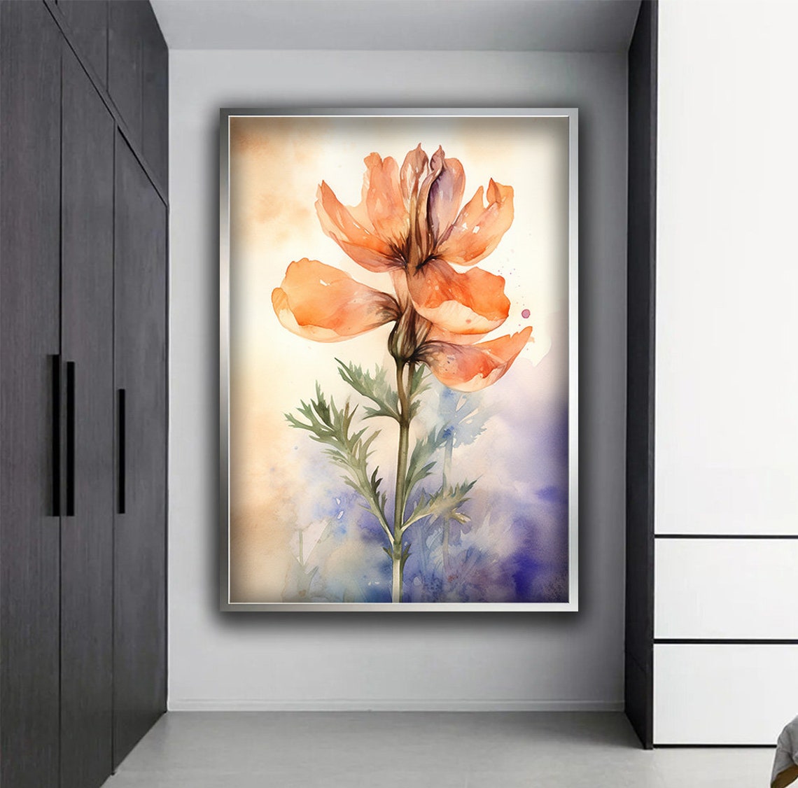 Delicate Orange Poppy Flower Watercolor Botanical Painting Wall Art - Image 4