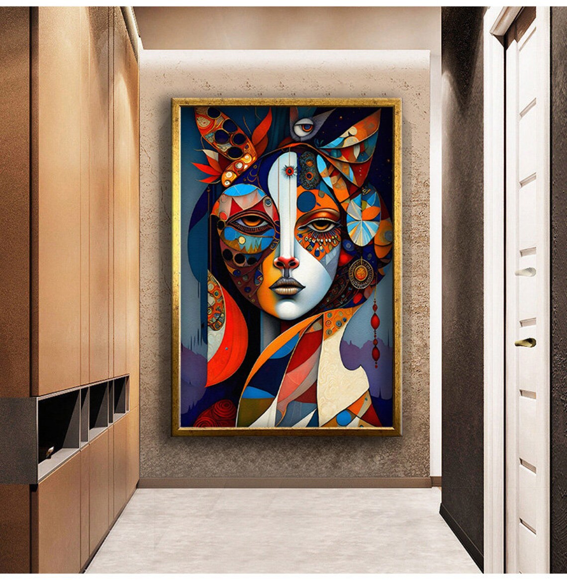 Cubist Woman Face Colorful Abstract Portrait Blue Orange Mosaic Art Poster