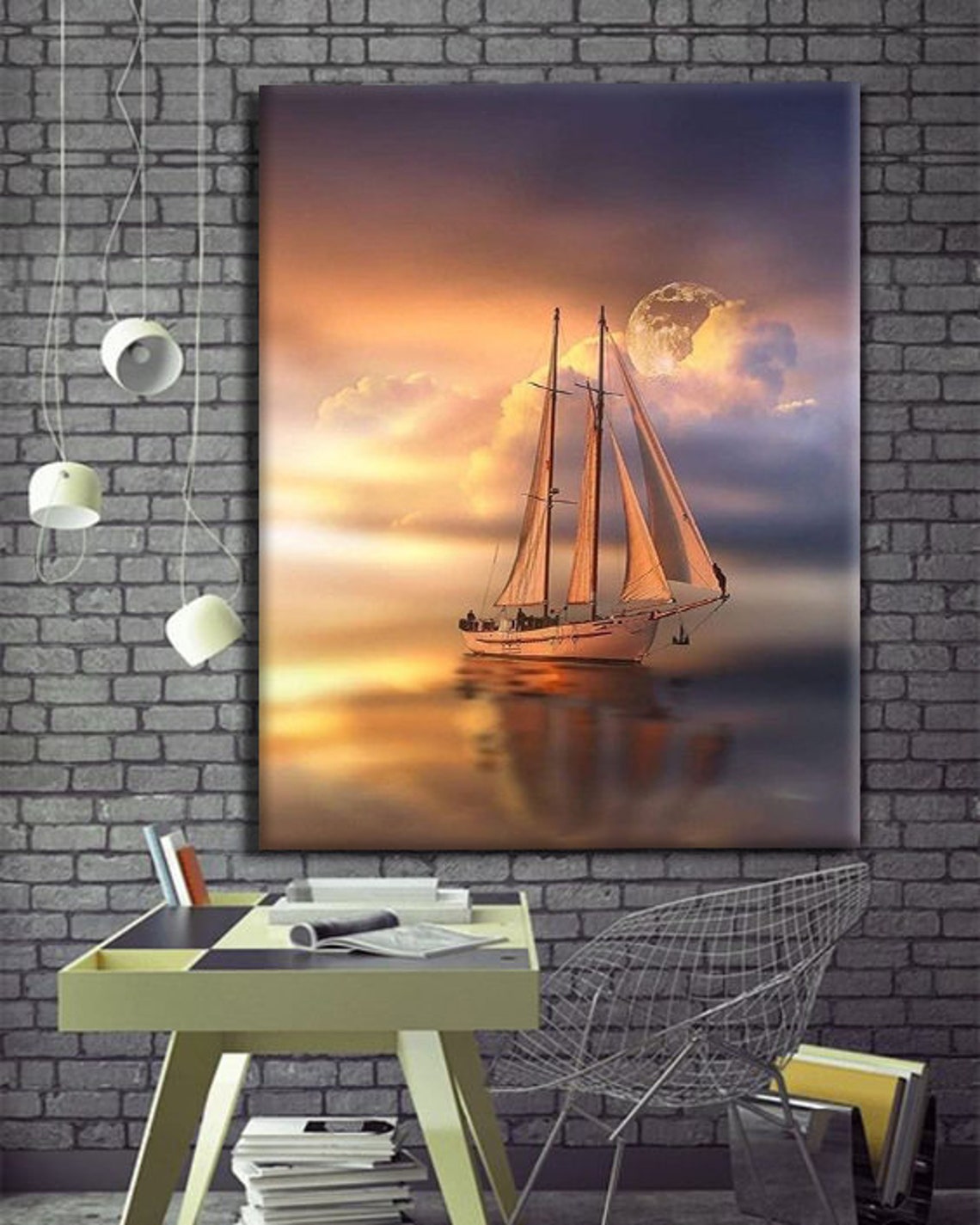Sailing Ship Sunset Golden Clouds Moon Ocean Voyage Wall Art Print - Image 4