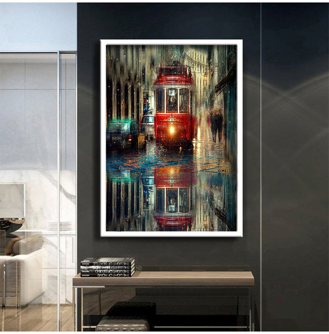 Red Vintage Tram Rainy City Street Night Reflections Wall Poster - Image 3