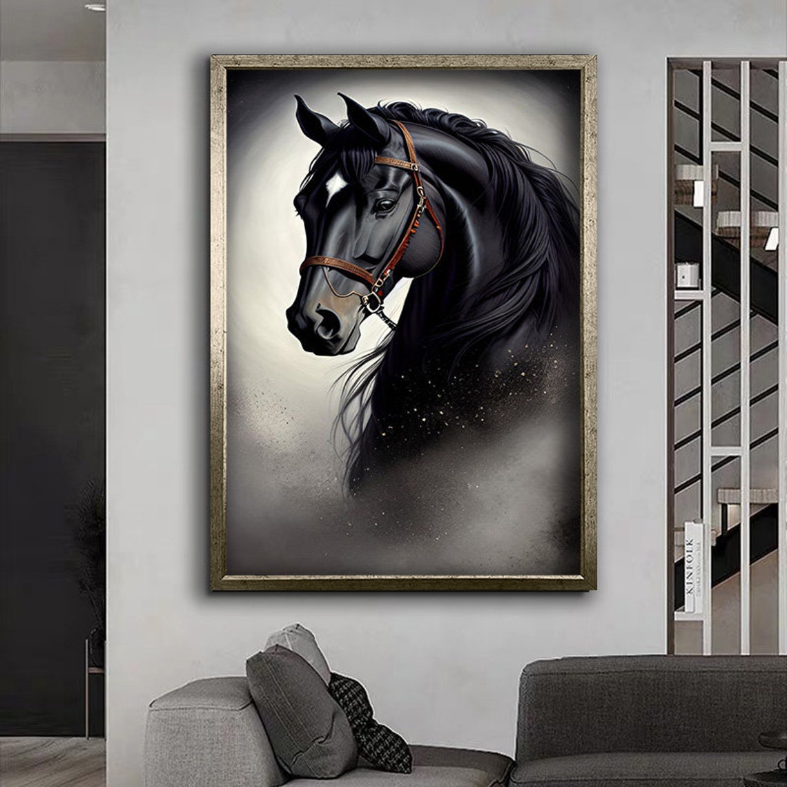 Black Horse Portrait Elegant Stallion Gray Gradient Wall Art Poster - Image 4
