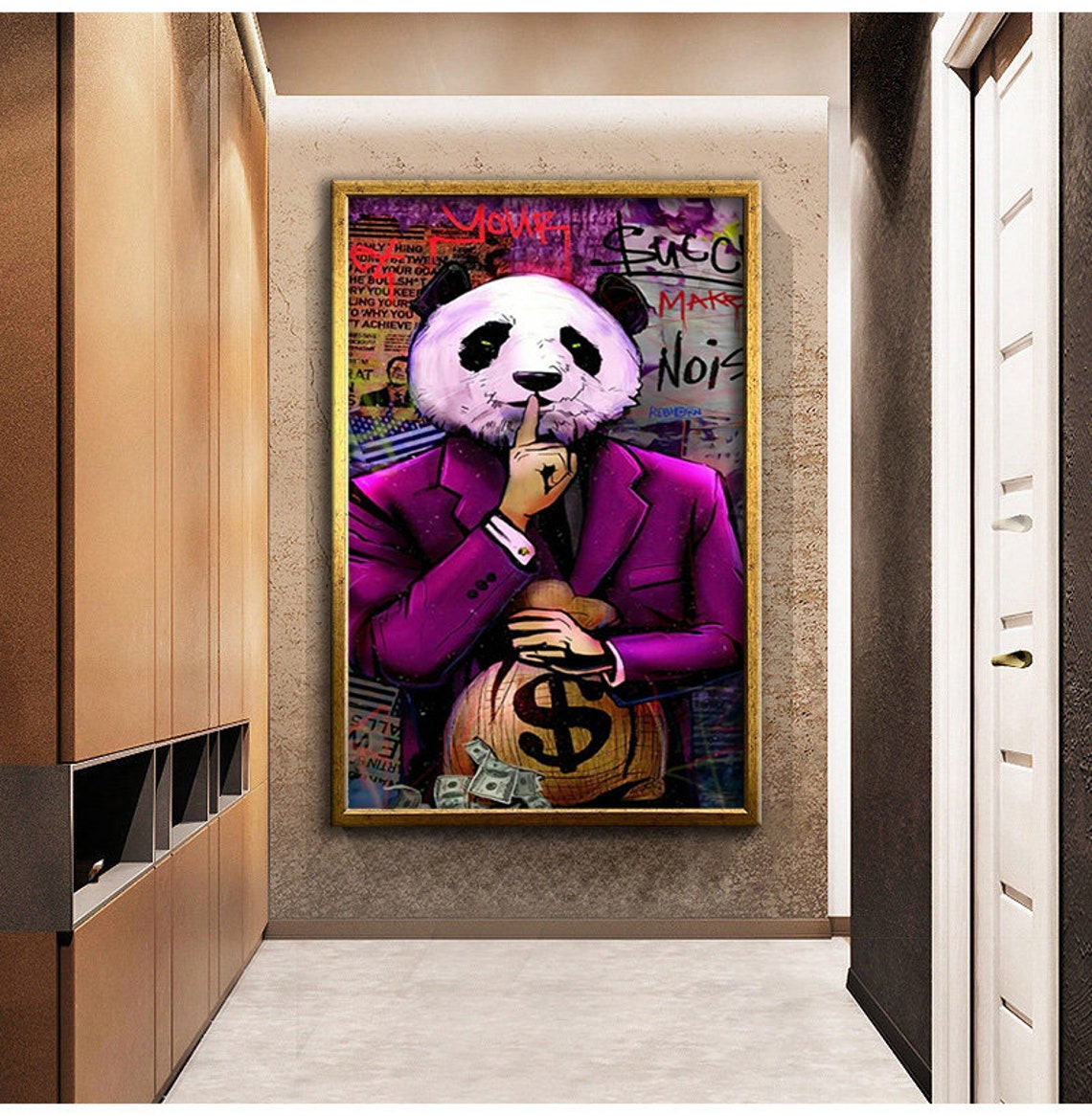 Pop Art Panda In Purple Suit Money Bag Shush Street Art Poster