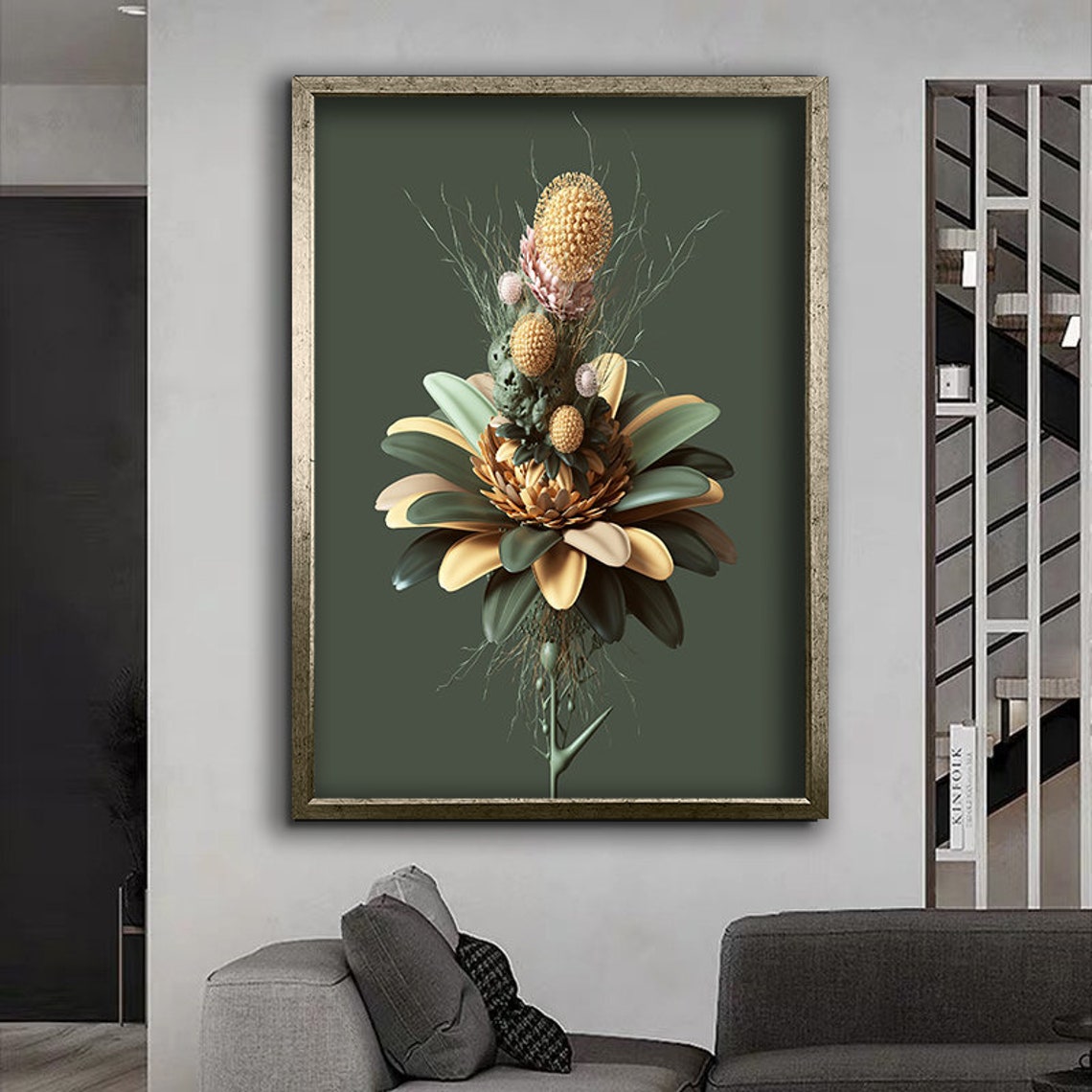 Surreal Exploding Flower Bouquet Exotic Blooms Dark Green Art Poster - Image 4