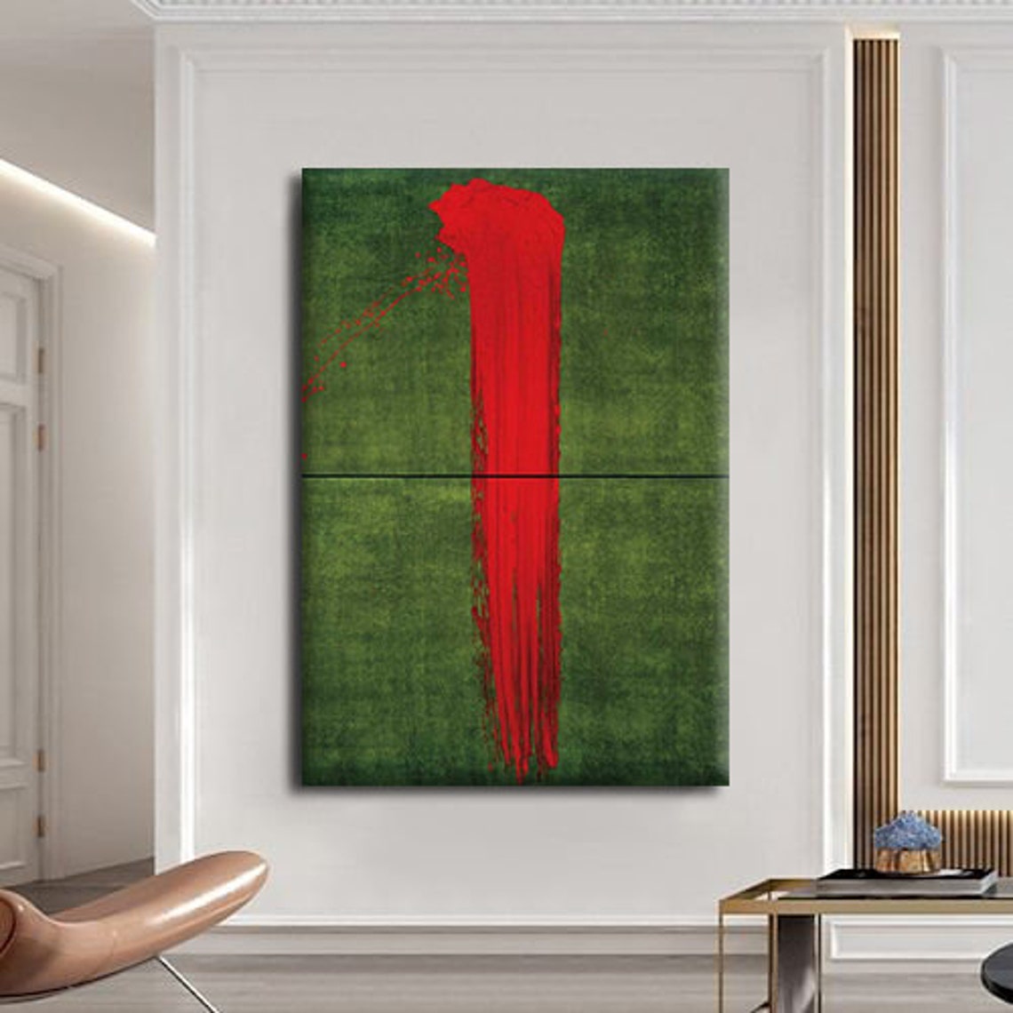 Bold Red Brushstroke Green Canvas Minimalist Abstract Art Print - Image 2