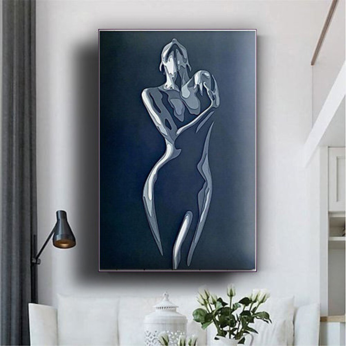 Silver Female Nude Figure Minimalist Line Art Dark Blue Abstract Painting Poster - Image 2