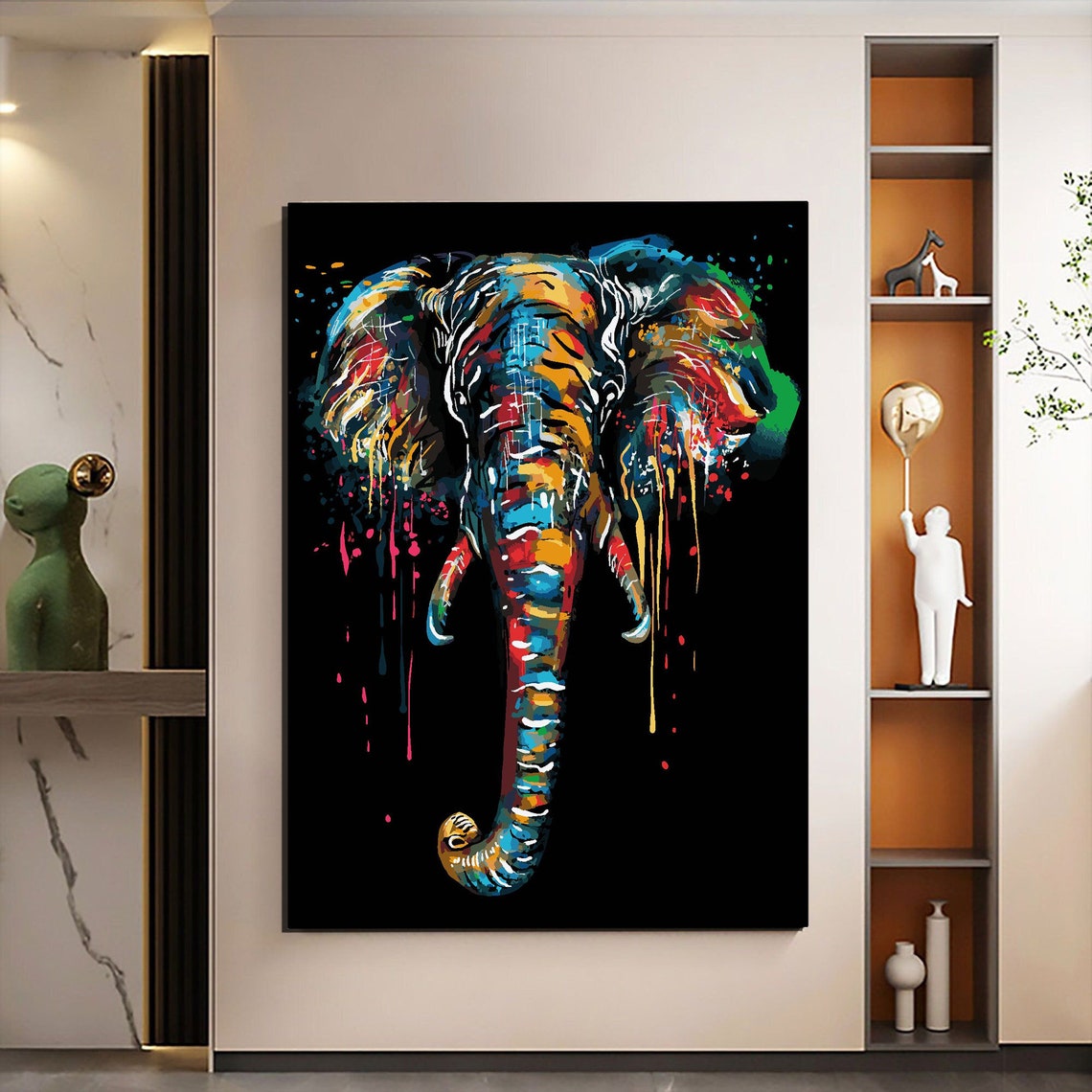 Colorful Elephant Head Paint Drips Black Background Animal Art Print - Image 4