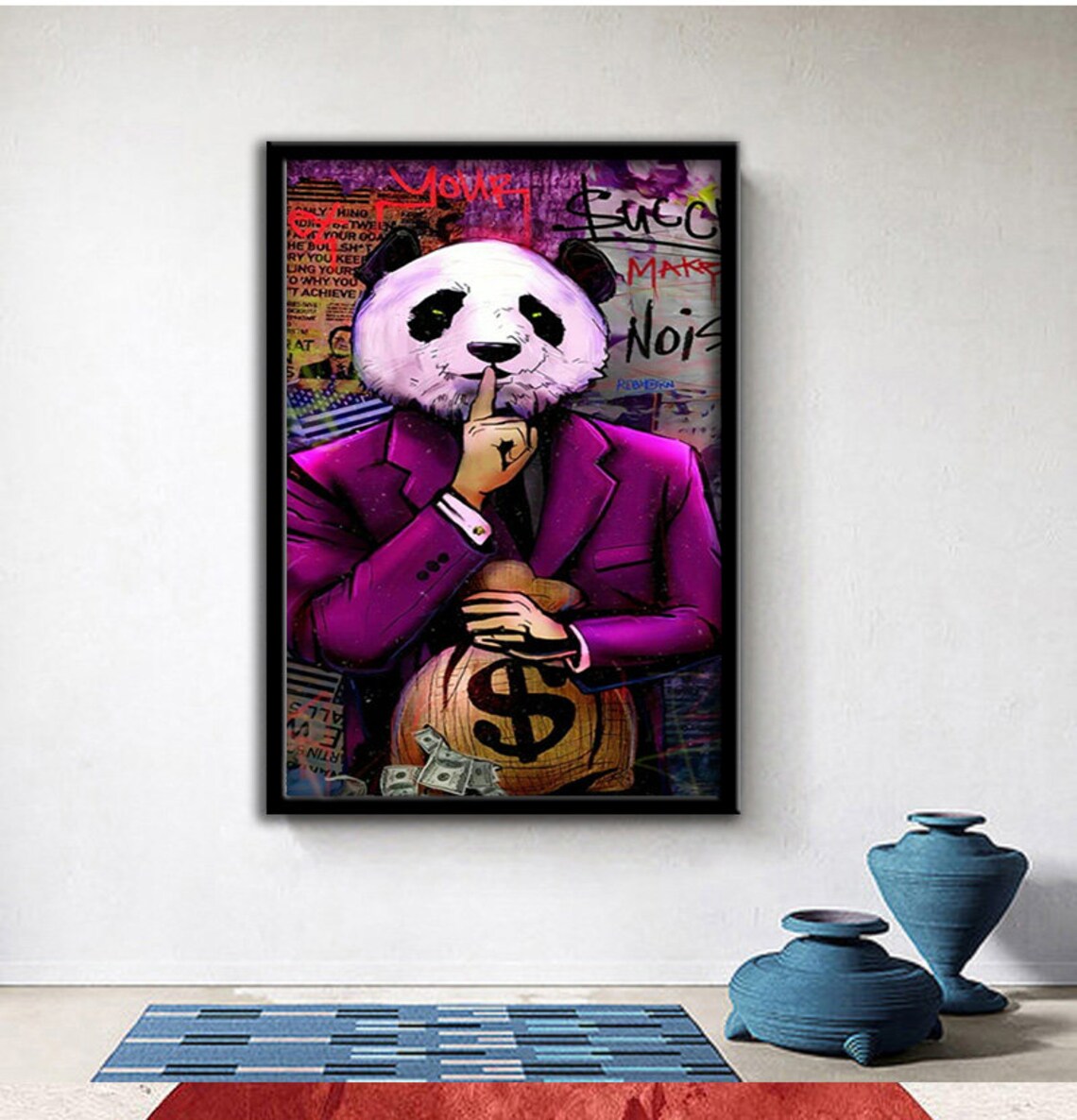 Pop Art Panda In Purple Suit Money Bag Shush Street Art Poster - Image 4
