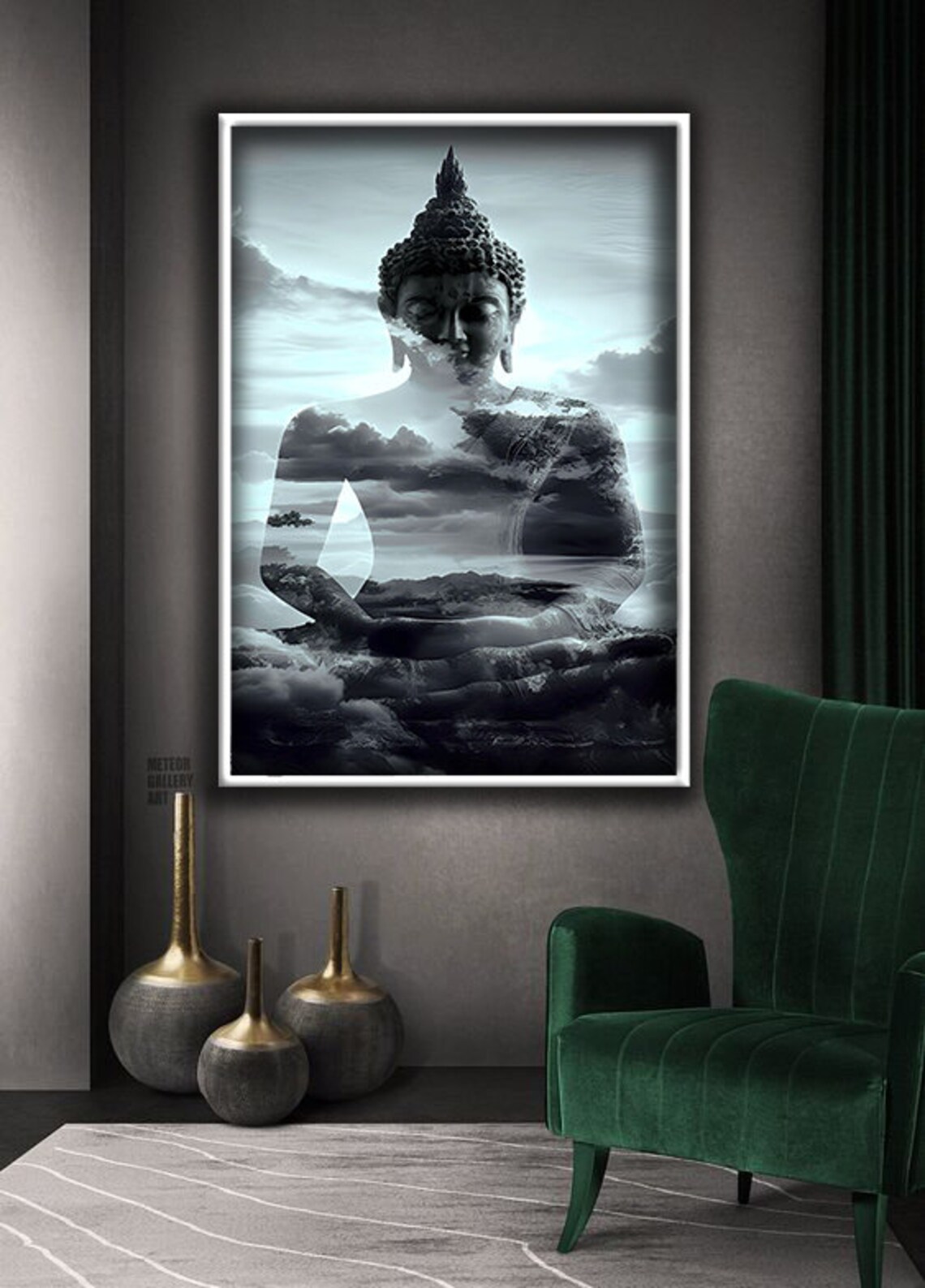 Black White Buddha Double Exposure Clouds Mountain Landscape Zen Poster - Image 3