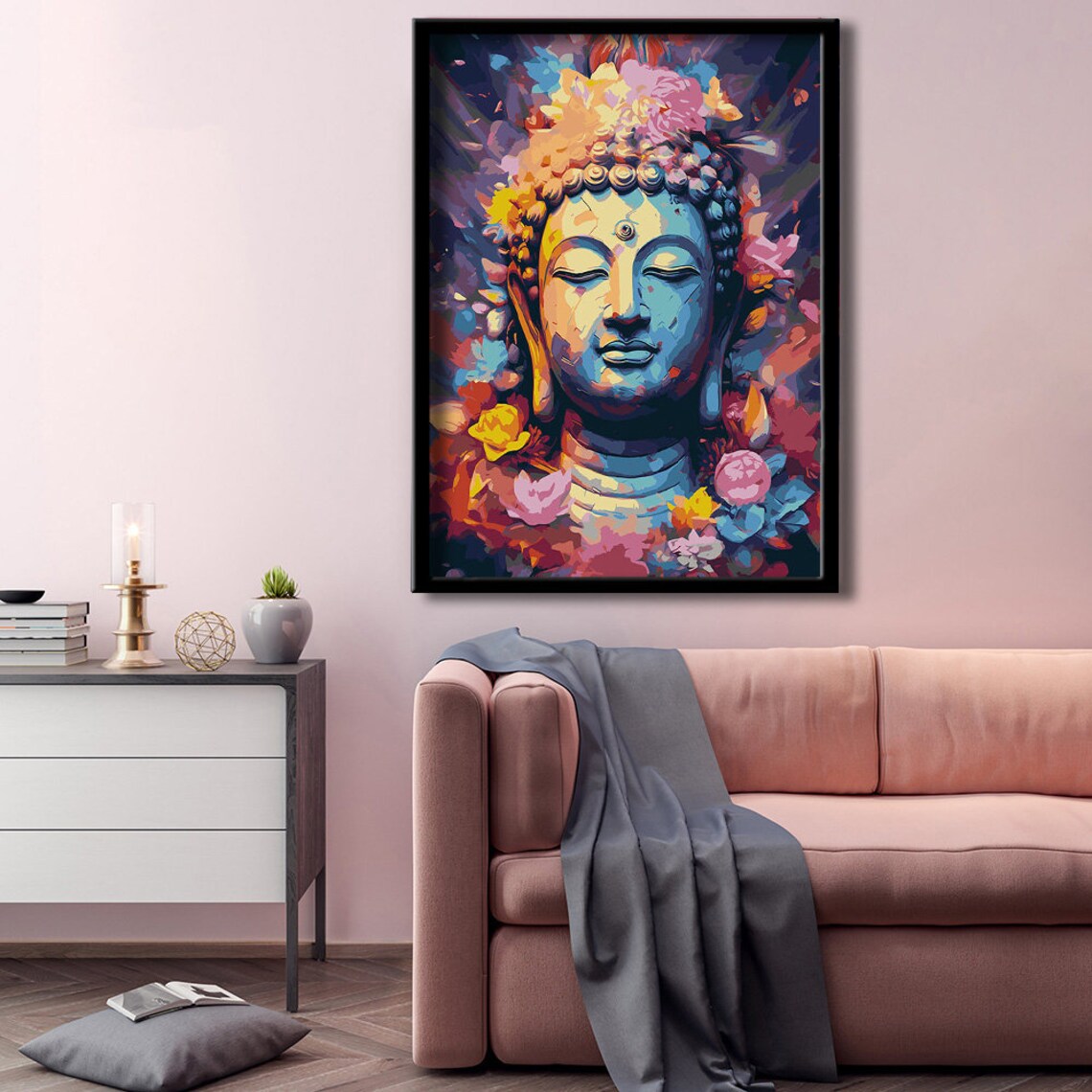 Colorful Buddha Face Floral Painting Vibrant Meditation Zen Decor Poster - Image 3